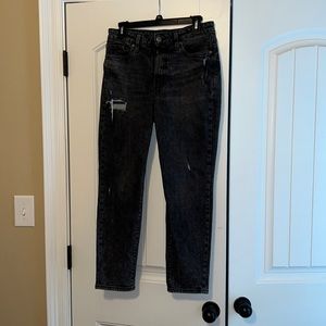 Straight high rise jeans; black mineral wash